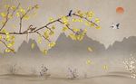 手绘银杏花工笔花鸟背景墙