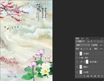 大理石山水情荷花梅花玄关背景墙