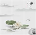 意境中式荷花水墨山水三屏画