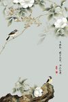 中式白色花朵枝头喜鹊风景装饰画