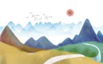 蓝色水墨山水群山飞鸟太阳背景墙