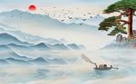 中式山水飞鸟松柏背景墙