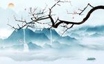 蓝色水墨山水手绘花树背景墙