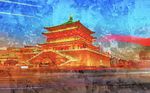 中式城市风光西安古镇背景墙