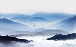 中式蓝色山峦金色飞鸟背景墙