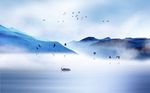中国风蓝色水墨山水背景墙