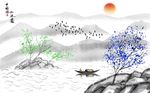 中国风手绘抽象山水画背景墙