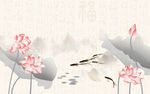 水墨莲花游鱼中式背景墙