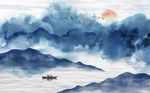 中式蓝色水墨云雾小山河流背景墙
