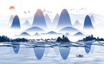 中式意境水墨山水风景飞鸟背景墙