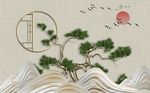 禅意远山古松花窗浮雕背景墙