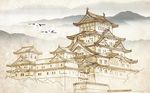 中式手绘古代建筑背景墙