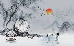 新中式意境水墨白鹤山水背景墙