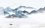 中式抽象蓝色水墨山水背景墙