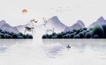 山水风景树林麋鹿油画背景墙