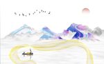 中式水墨抽象山水日出飞鸟背景墙
