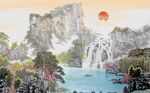 水墨山水瀑布流水生财背景墙