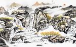 中国风国画山水瀑布流水生财背景