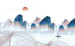 中式彩色水墨抽象山水飞鸟背景墙
