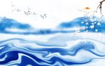 中式蓝色水墨山水背景墙