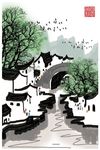 中国风水墨风俗淡彩风景装饰画