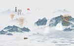 中式意境蓝色山水风景背景墙