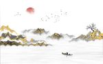 水墨抽象金色山水日出背景墙