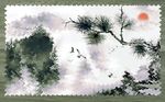 创意波纹山峦松枝飞鸟背景墙