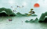 中式意境清新山水仙鹤背景墙