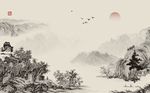 远山风景画日出飞鸟背景墙