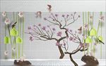 粉色花花鸟格子背景墙壁画