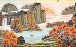 国画瀑布山水流水生财背景墙
