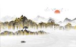 中式山水日出国画水墨背景墙