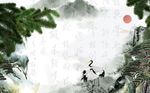 中式唯美意境山峦松树背景墙