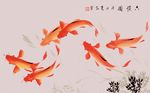 中国风水墨手绘六鱼图背景墙