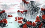 水墨工笔山水流水生财背景墙