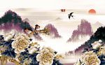 中式唯美牡丹山峦背景墙