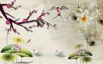 水墨油画荷花梅花燕子背景墙