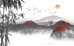 新中式山水竹子小鸟日出背景墙