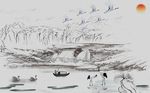 现代山水水墨抽象白鹤天鹅背景墙