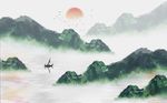 绿色水墨日出山水背景墙