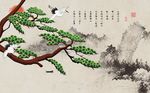 中式创意松枝山水画背景墙