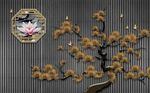中式金色松树荷花窗格时尚背景墙