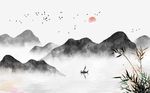 中式意境清山水船飞鸟背景墙