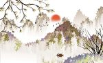 中式花枝意境山水背景墙