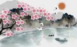 唯美山峦粉色花枝飞鹤背景墙