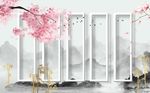 水墨山河粉色花枝金箔背景墙