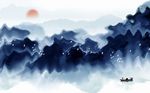 中式创意蓝色云雾山峦背景墙