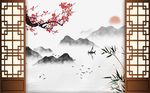 梅花花枝水墨山水背景墙
