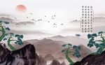 唯美山水松树飞鸟背景墙
